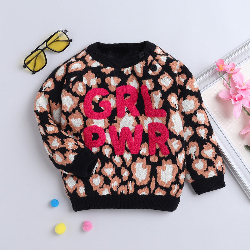 Yellow Apple Cozy and Warm Kids Woolen Sweater/Cardigans Full Sleeve with Round Neck for Ultimate Comfort for Girls Black