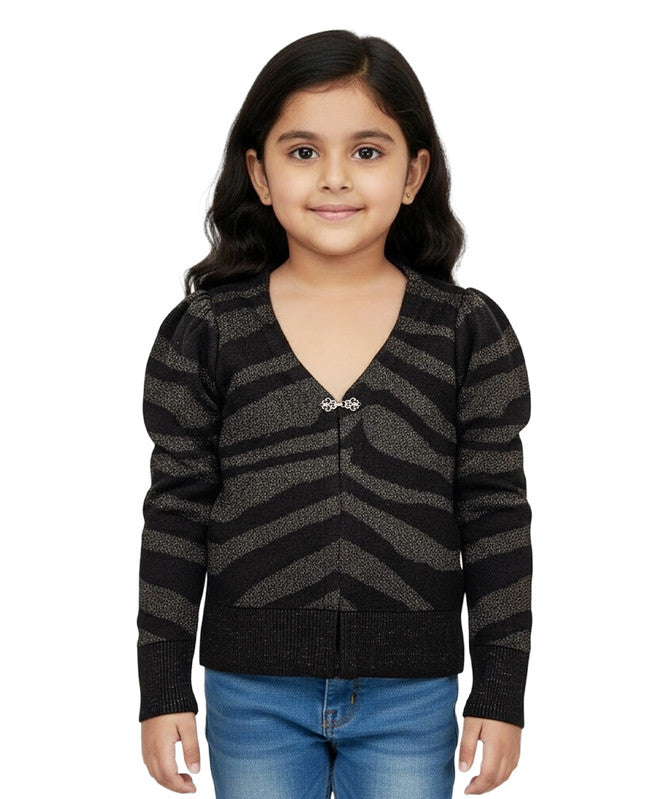 Yellow Apple- Stylish Print Cardigan for Girls | Elegant V-Neck Sweater | Trendy Winter Outfit