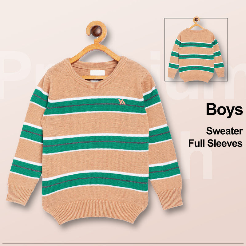 Boys Striped Round Neck Beige Sweater