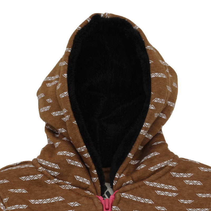 Girls Self Design Hooded Neck Brown Sweater
