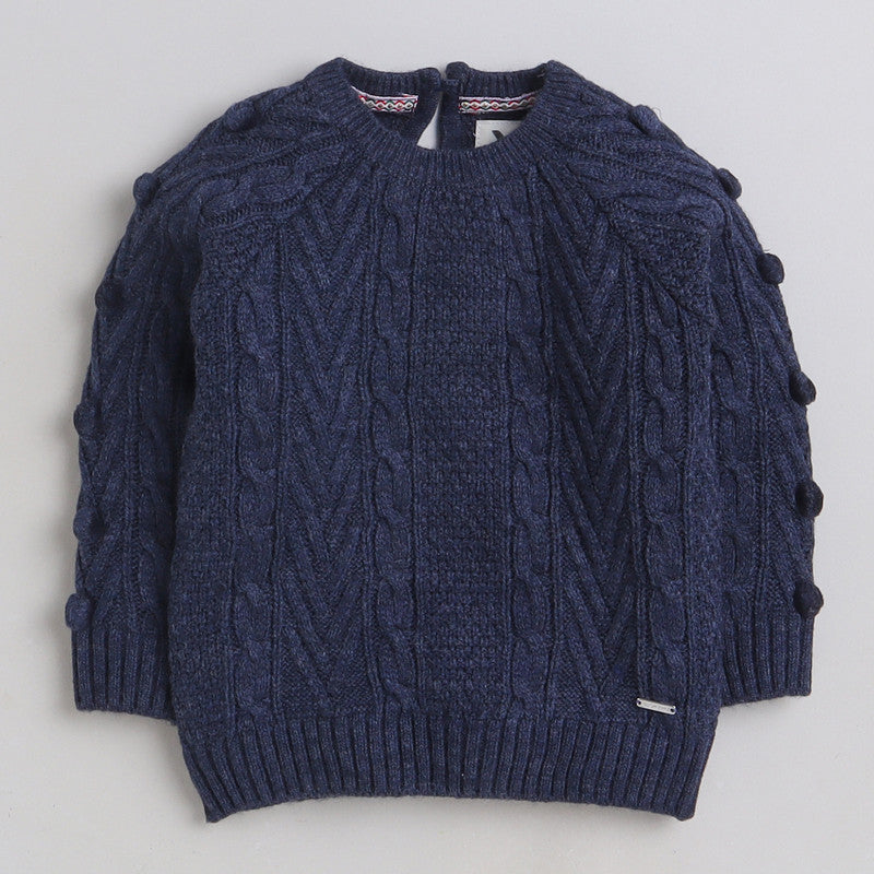 Girls Woven Round Neck Navy Sweater