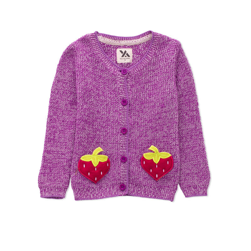 Yellow Apple-Girls' Strawberry Button-Up Cardigan with Embroidered Pockets