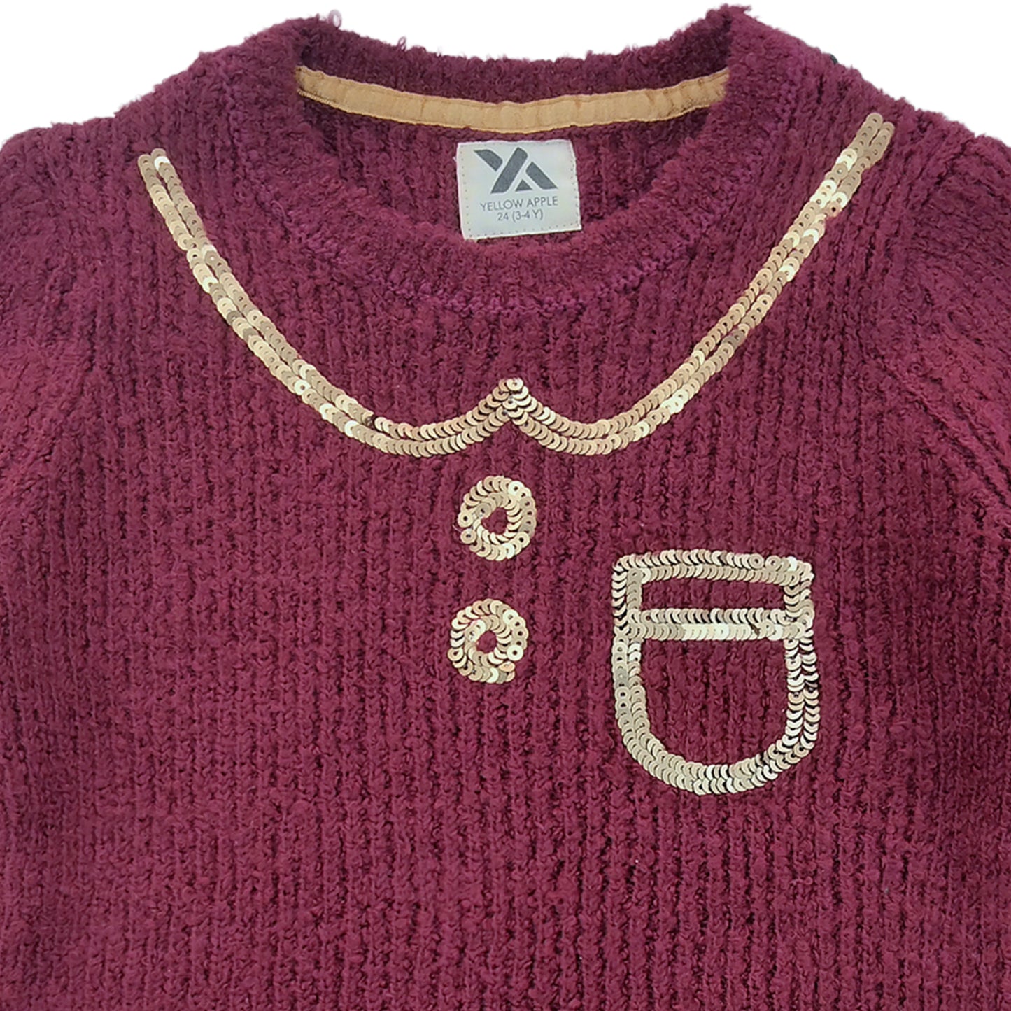 Yellow Apple- Girls Self Design Round Neck Full Sleeves Sweater Maroon Color