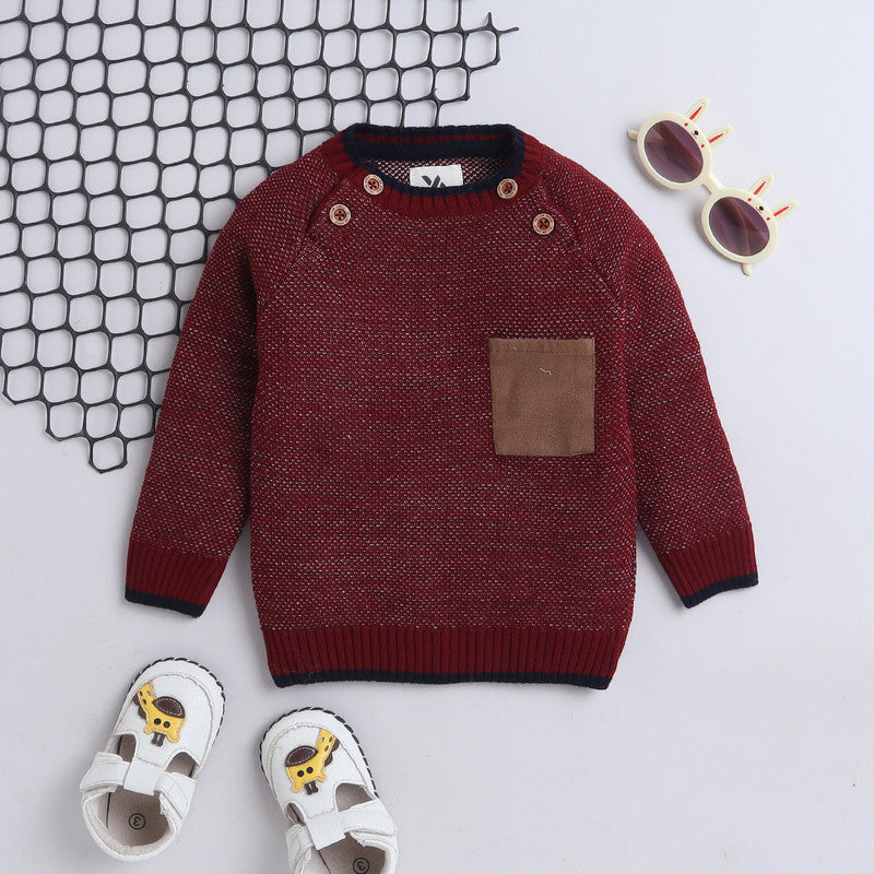 Yellow Apple-Stylish Kids' Knit Sweater with Chest Pocket and Wooden Buttons