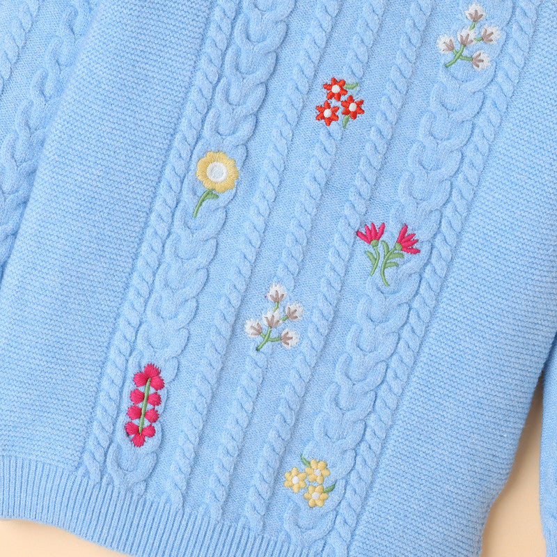 Yellow Apple-Embroidered Cable Knit Girls' Sweater with Floral Design