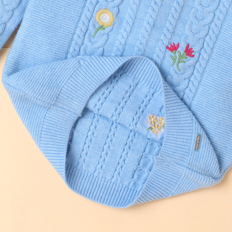 Yellow Apple-Embroidered Cable Knit Girls' Sweater with Floral Design