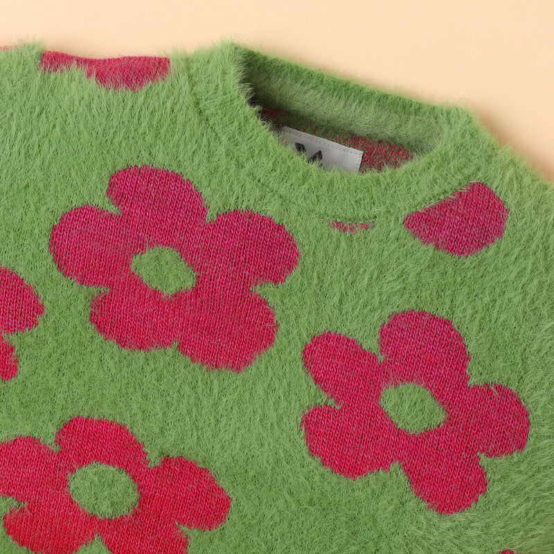 Yellow Apple-Fuzzy Floral Print Sweater for Girls – Cozy & Bold Style