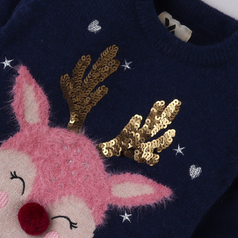 Yellow Apple Kids Reindeer Christmas Sweater with Sequin & Embroidered Design | Cozy Winter Knitwear