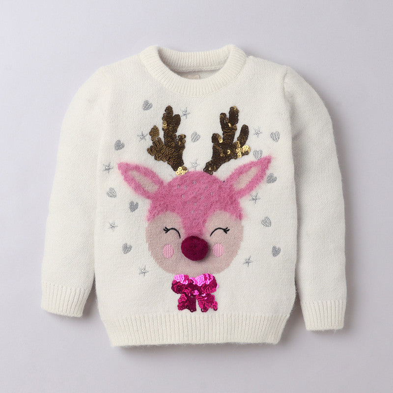 Yellow Apple Kids Reindeer Christmas Sweater with Sequin & Embroidered Design | Cozy Winter Knitwear