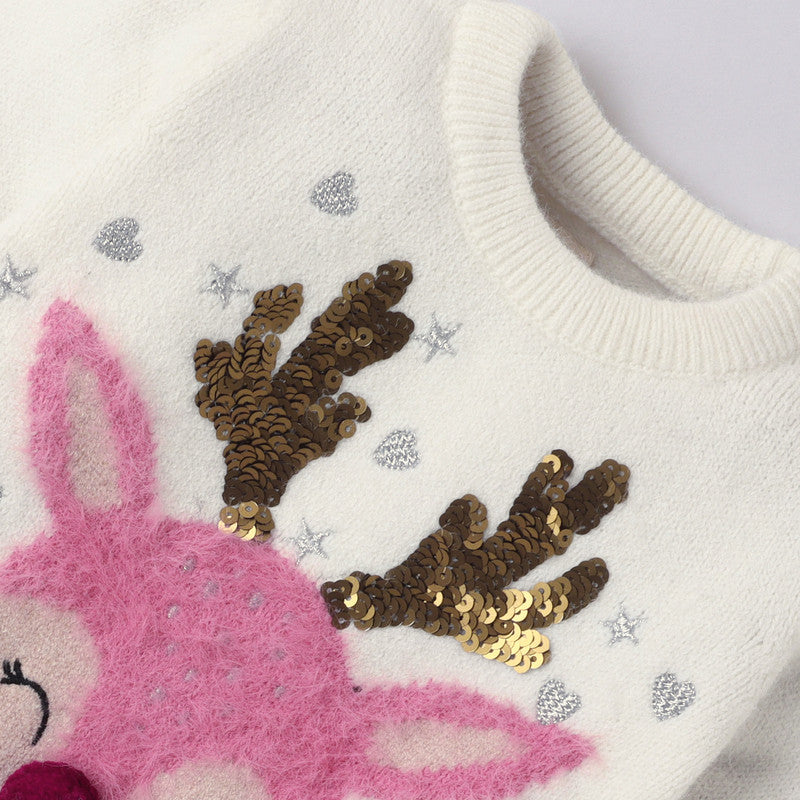 Yellow Apple Kids Reindeer Christmas Sweater with Sequin & Embroidered Design | Cozy Winter Knitwear