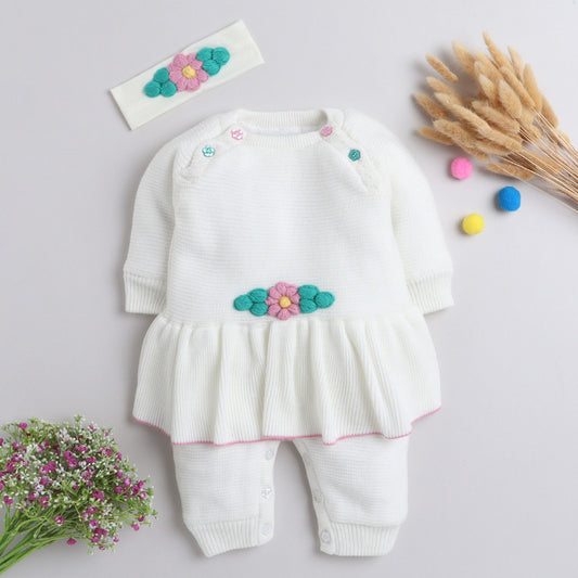 Woolen Rompers With Flower Print For Baby Girls