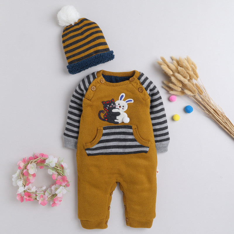 Babies Woolen Romper Bunny & catty Print With Inner Fleece
