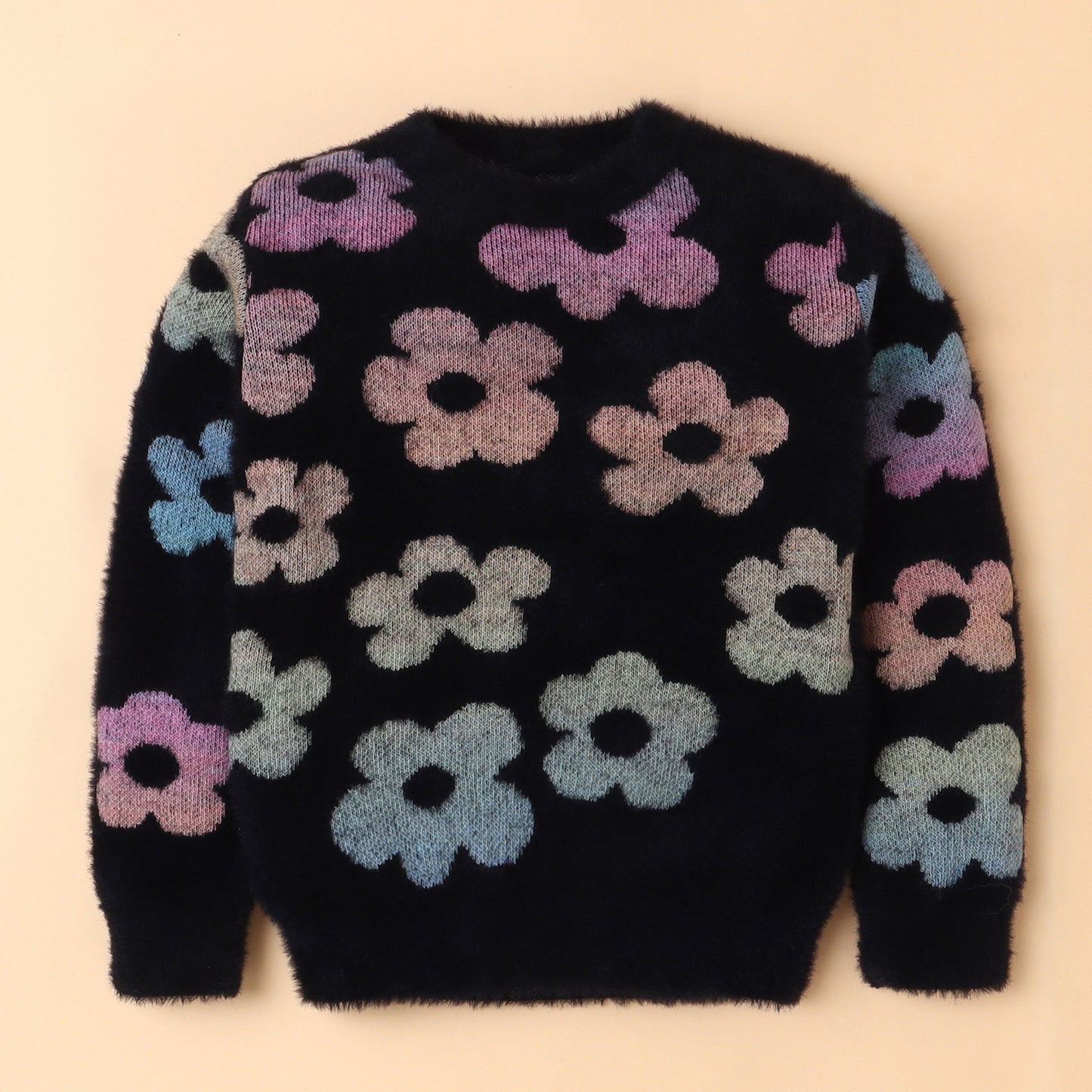 Yellow Apple-Fuzzy Floral Print Sweater for Girls – Cozy & Bold Style
