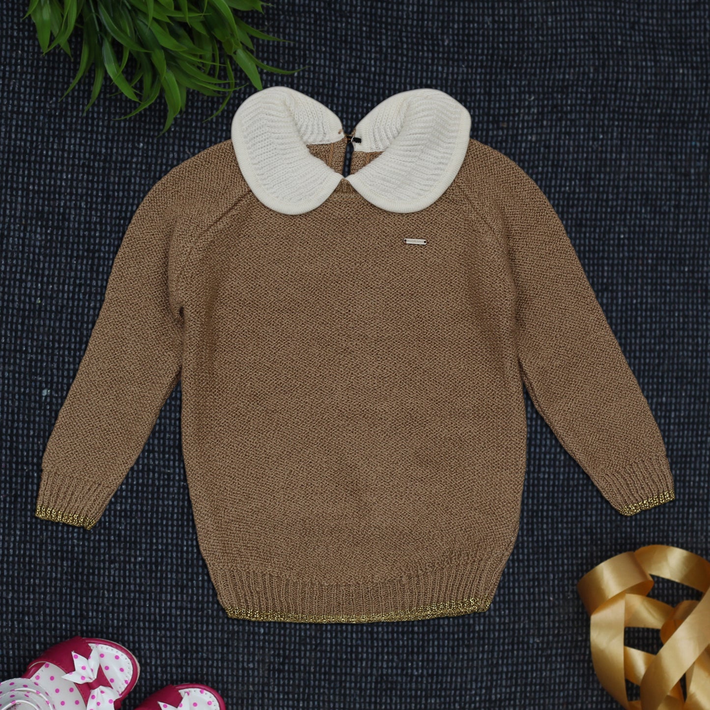 Yellow Aplle Elegant Knit Sweater with Peter Pan Collar – Sweet Style for Little Girls