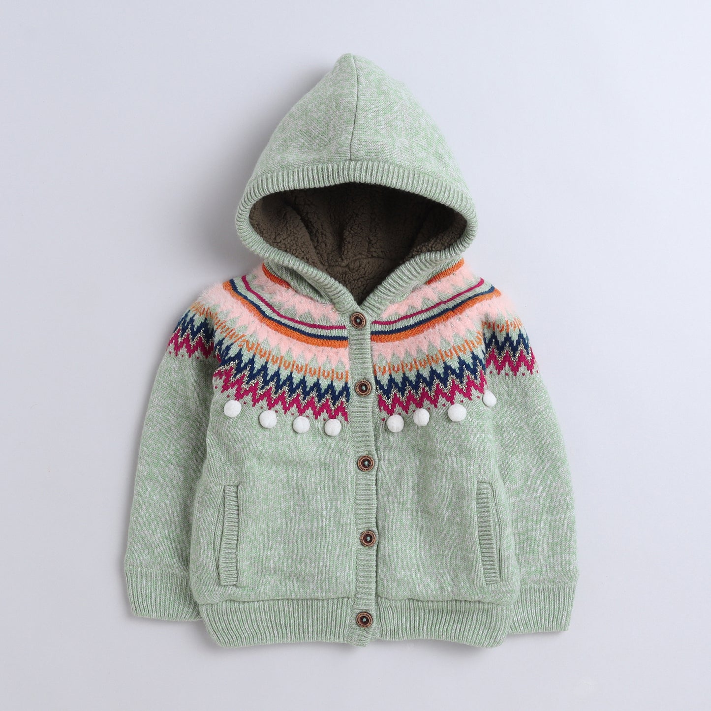 Yellow Apple-Knitted Hooded Sweater for Girls – Cozy Winter Cardigan with Pom-Poms & Nordic Pattern
