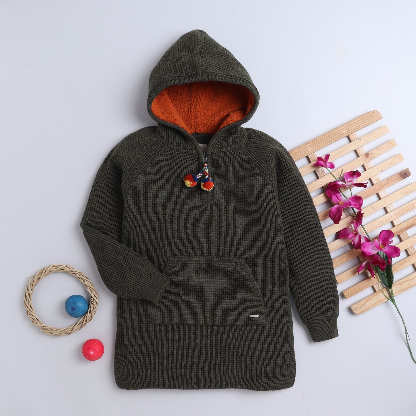 Baby Girls Self Design Hooded Neck Sweater