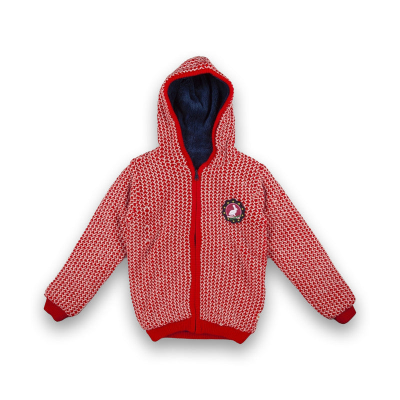 Girls Printed Hooded Neck Red Sweater with inner fur