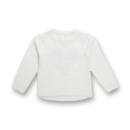 Girls Solid Round Neck White Sweater