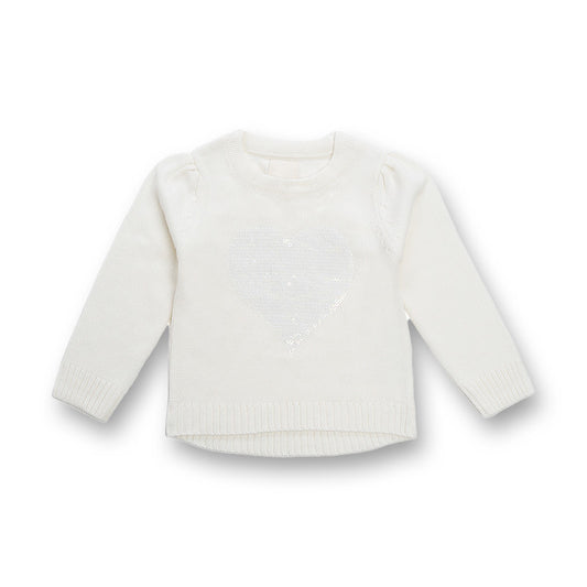 Girls Solid Round Neck White Sweater