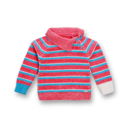 Girls Striped High Neck Pink Sweater