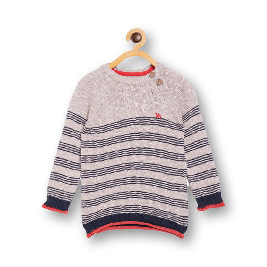 Boys Striped Round Neck Brown Sweater