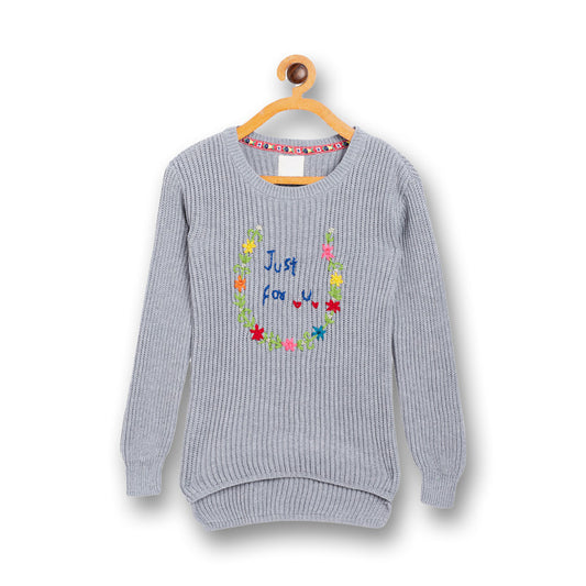 Girls Self Design, Embroidered Round Neck Sweater