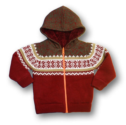 Boys Self Design Hooded Neck Maroon Sweater