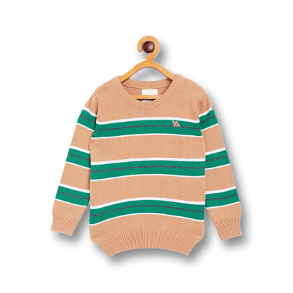 Boys Striped Round Neck Beige Sweater