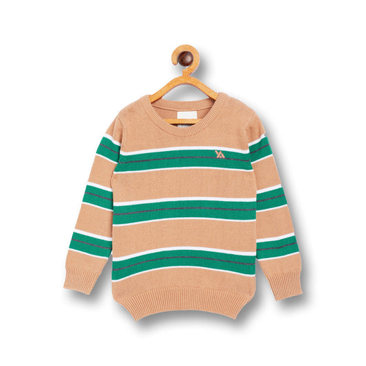 Boys Striped Round Neck Beige Sweater