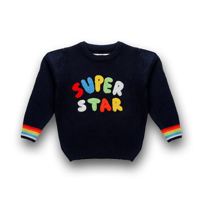 Boys Self Design Round Neck Blue Sweater