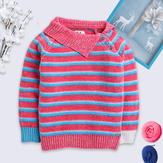 Girls Striped High Neck Pink Sweater