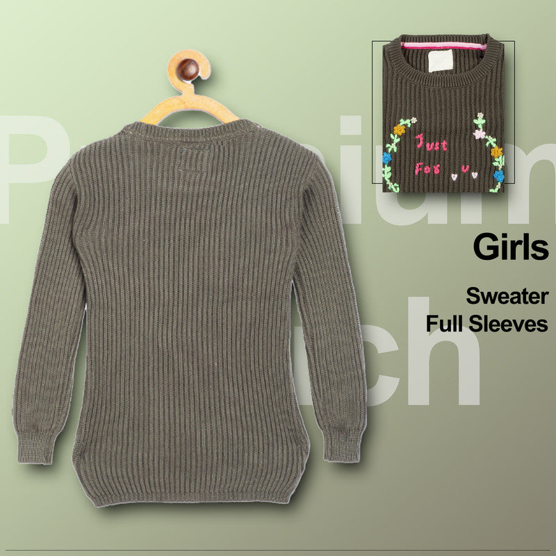 Girls Self Design, Embroidered Round Neck Green Sweater