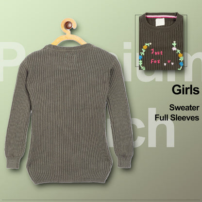 Girls Self Design, Embroidered Round Neck Green Sweater