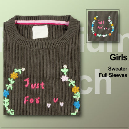 Girls Self Design, Embroidered Round Neck Green Sweater