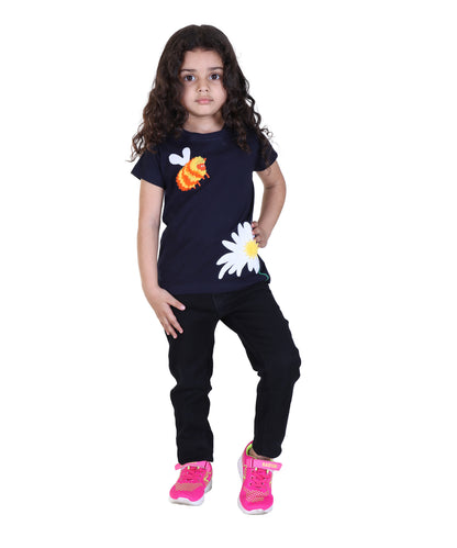 Baby Girls Self Design Cotton Blend Regular Navy Color T Shirt