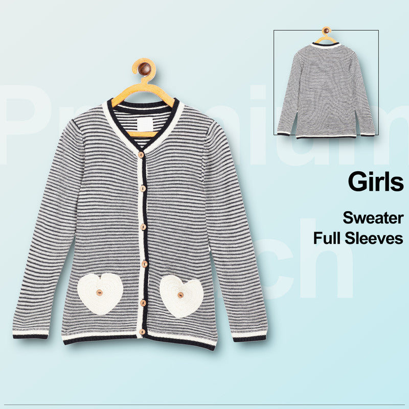 Girls Striped V Neck Black and White Color Sweater