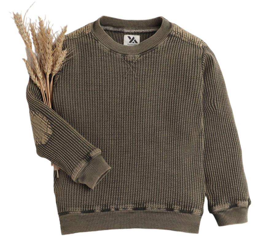 Boys Self Design Round Neck Full Khakhi Sweater
