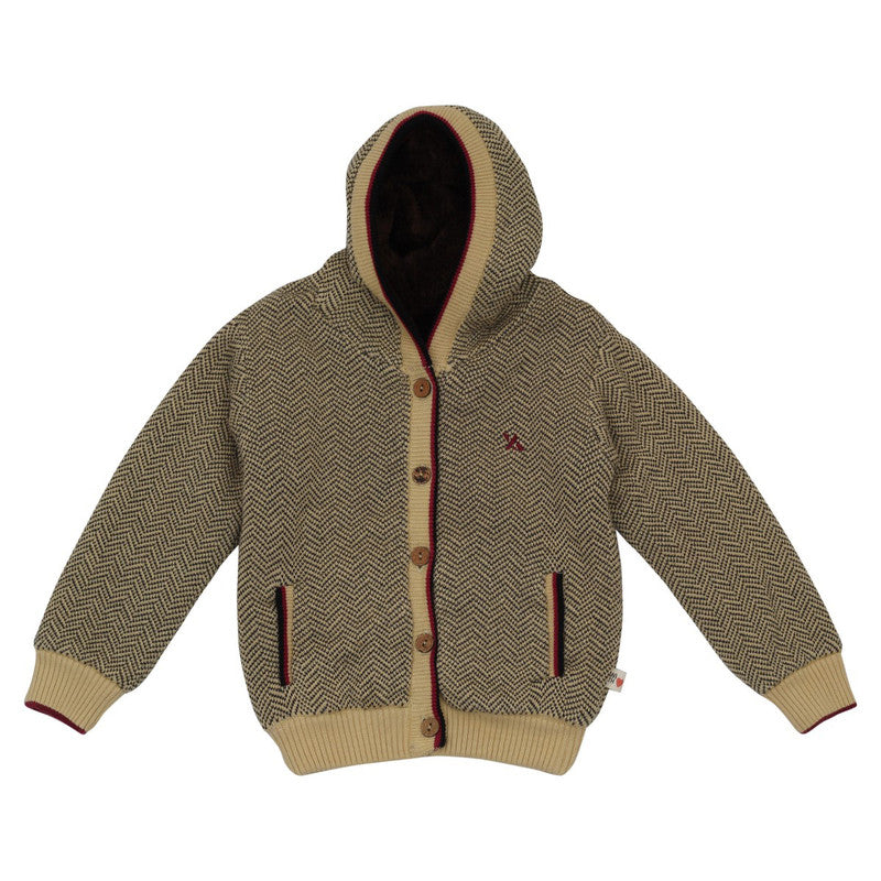 Baby Boys Self Design Hooded Neck Beige Sweater