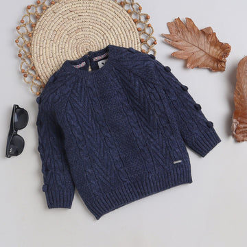 Kids Navy Blue Cable Knit Sweater | Full Sleeves Winter Pullover for Boys & Girls | Soft Warm Knitted Sweatshirt