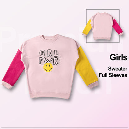 Girls Self Design Round Neck Pink, Yellow Sweater