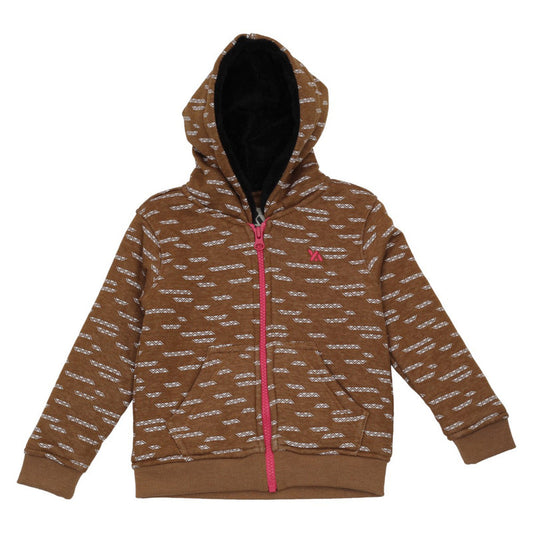 Girls Self Design Hooded Neck Brown Sweater