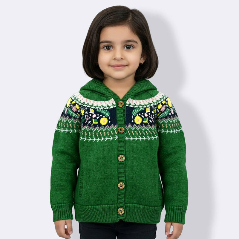 Cozy Winter Knit Sweater for Kids | Cute Patterned Cardigan with Hood & Front Buttons