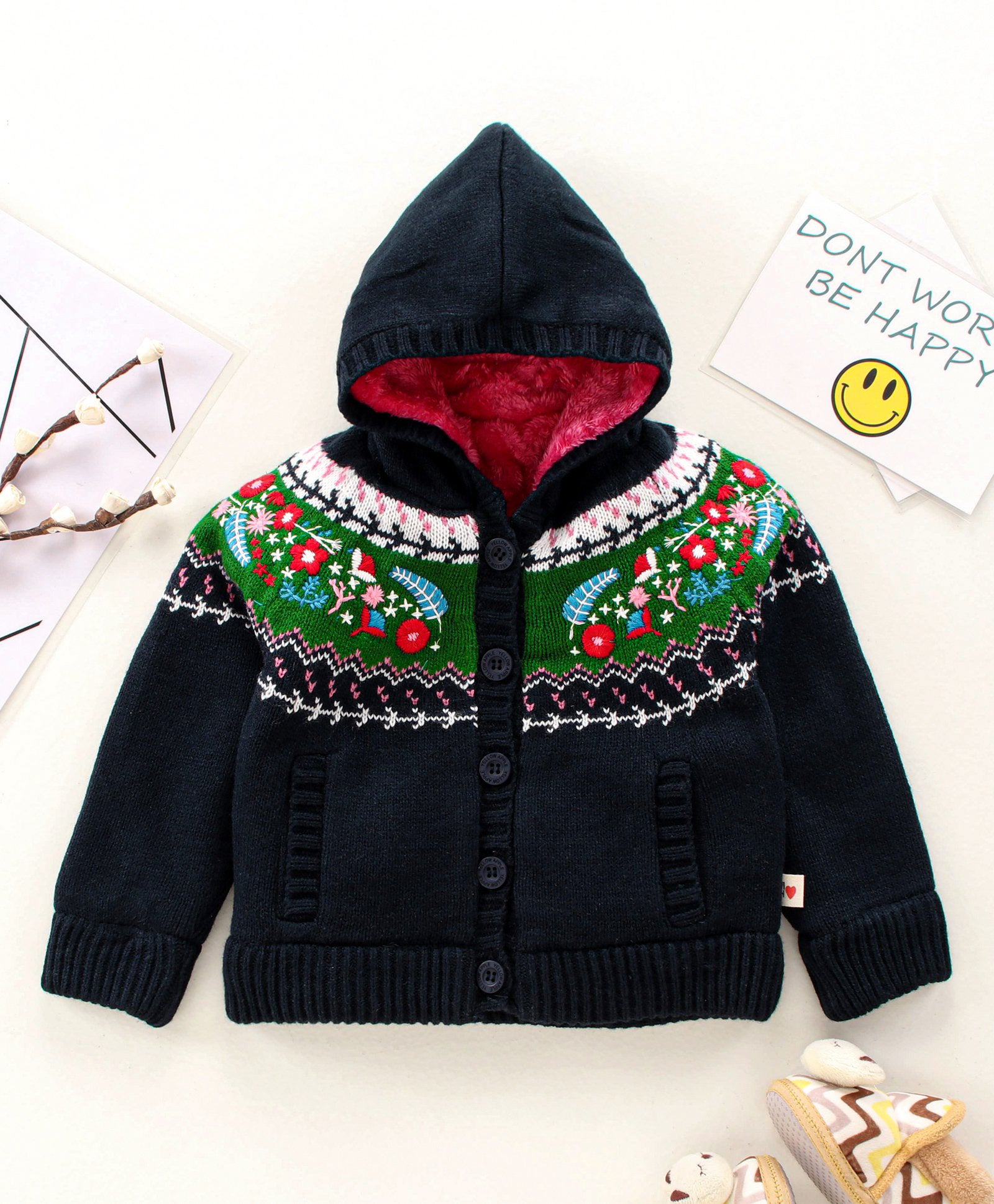 Cozy Winter Knit Sweater for Kids | Cute Patterned Cardigan with Hood & Front Buttons