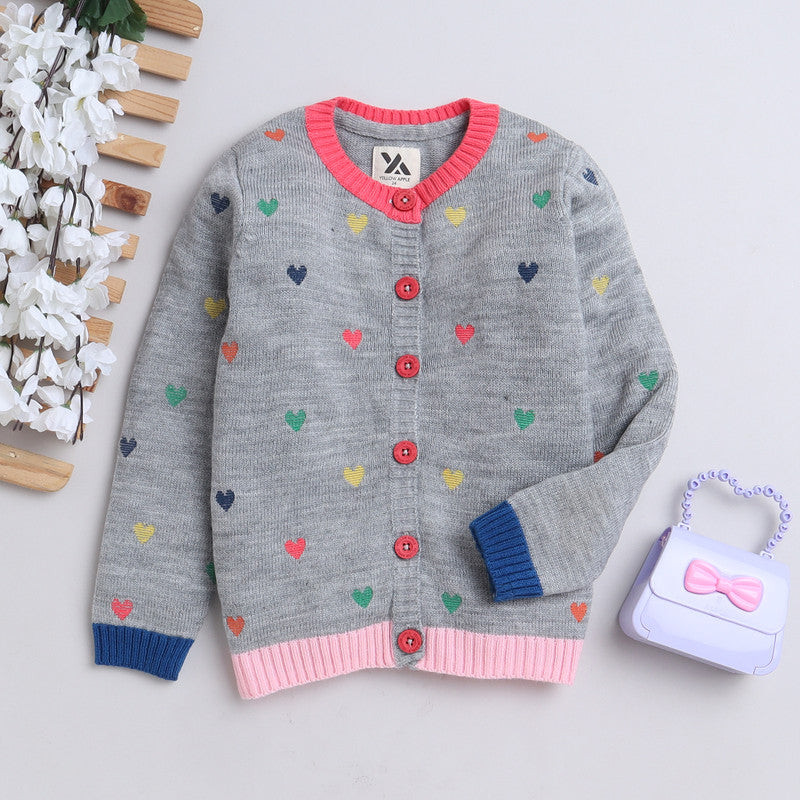 Yellow Apple- Cute Knit Cardigan for Girls | Adorable Heart Pattern Sweater with Button Closure