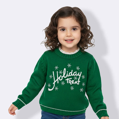 Yellow Apple-Knitted Sweater – Cozy Winter Wear for Girls | Festive Snowflake Design