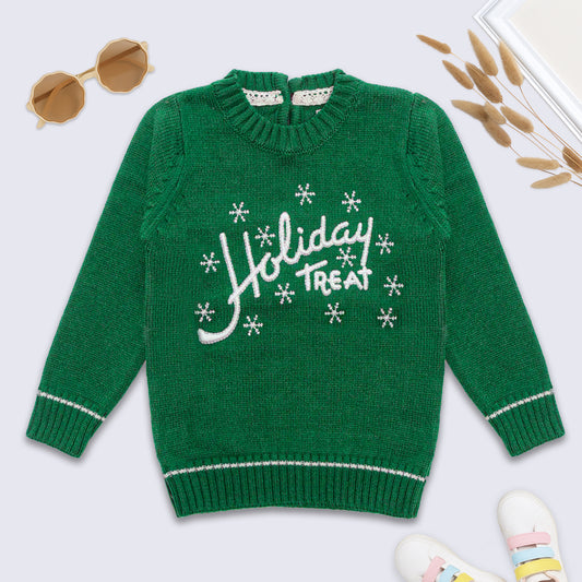 Yellow Apple-Knitted Sweater – Cozy Winter Wear for Girls | Festive Snowflake Design