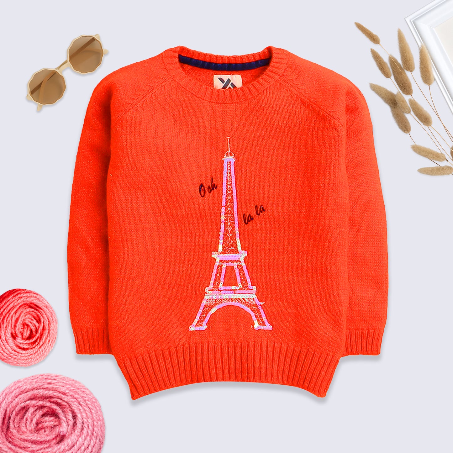 Baby Girls Embroidered Round Neck Orange Sweater