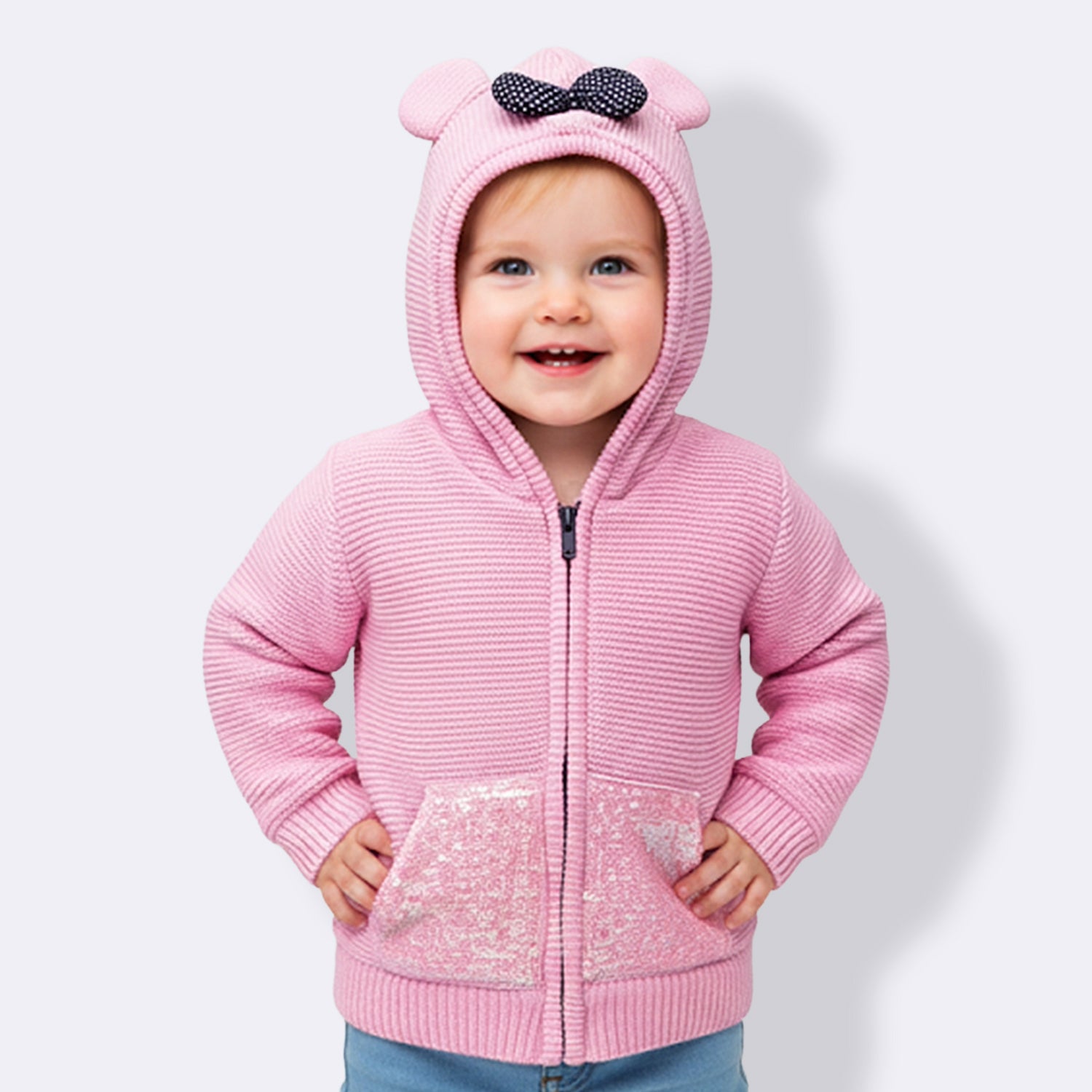 Baby Girls Knitted Hooded Jacket with Cute Ears & Bow | Soft Winter Zip-Up Sweater Hoodie for Infants & Toddlers