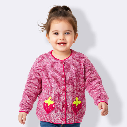 Yellow Apple-Girls' Strawberry Button-Up Cardigan with Embroidered Pockets