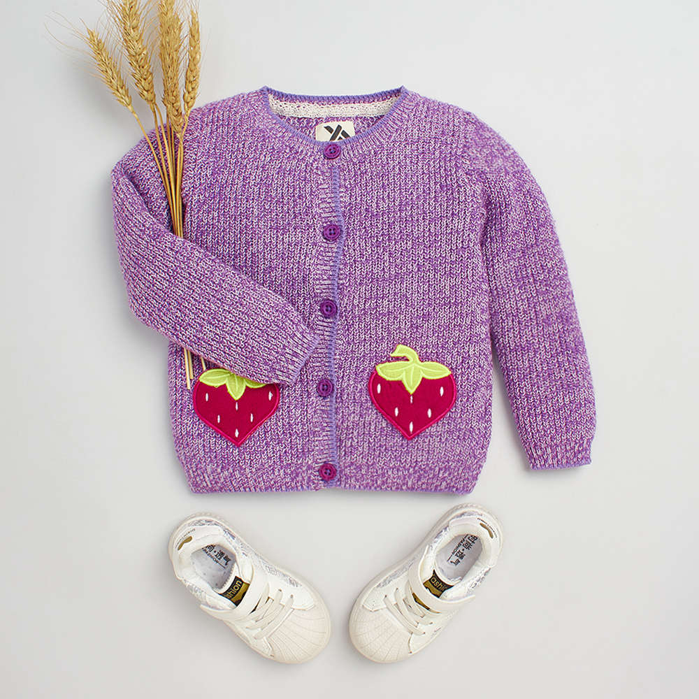 Girls' Strawberry Button-Up Cardigan with Embroidered Pockets